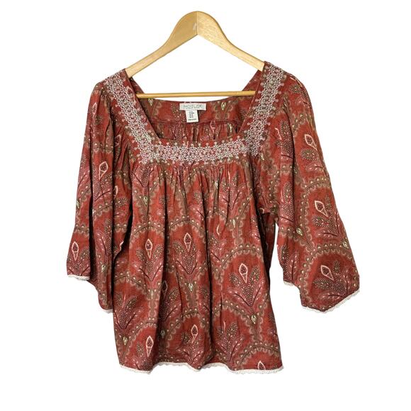 RACHEL ZOE Boho Floral Embroidered Short Sleeve Top Women's Medium Loose Fit - Picture 1 of 8